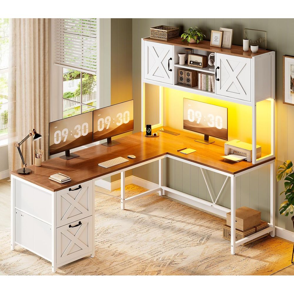 Home Office With Two Desks - Meja Bentuk L dengan Rak Atas,